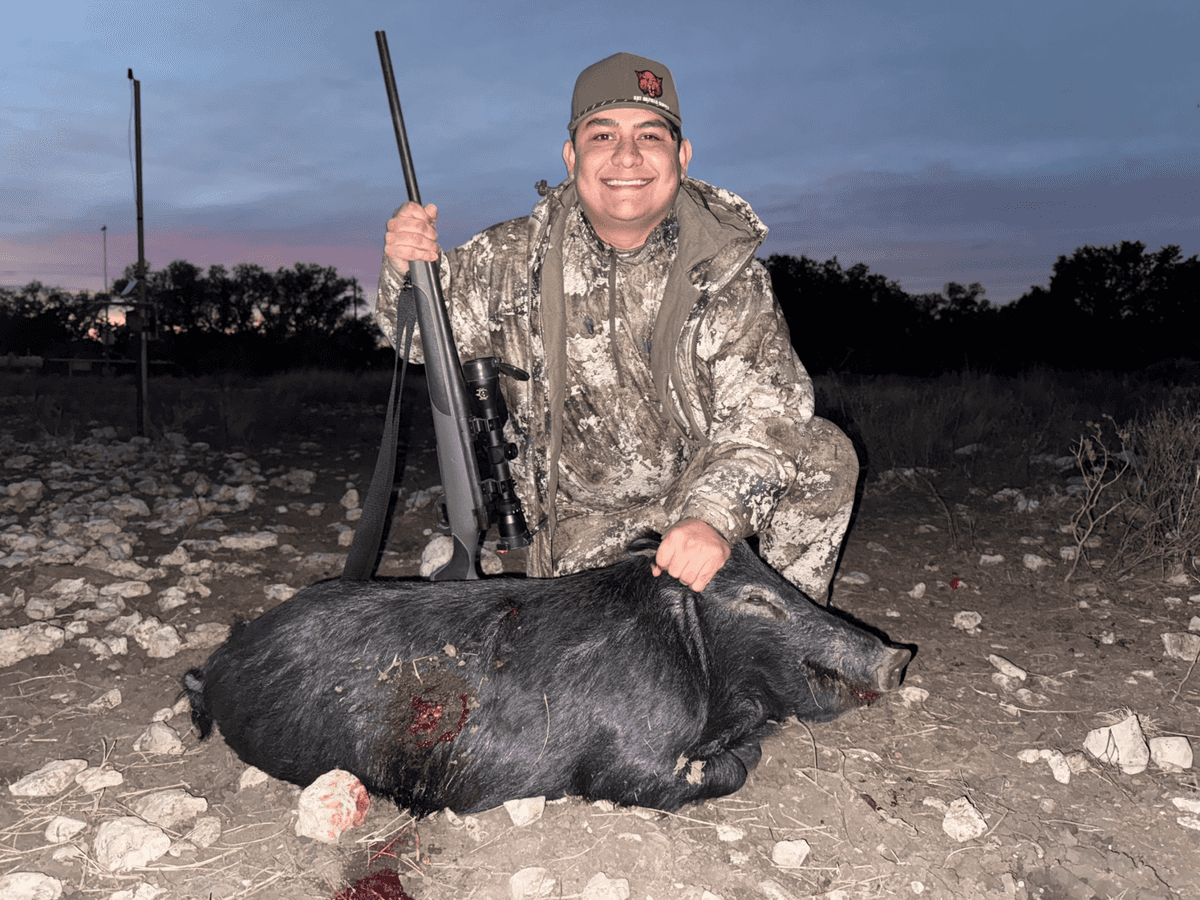 Hunter with a black hog at dusk