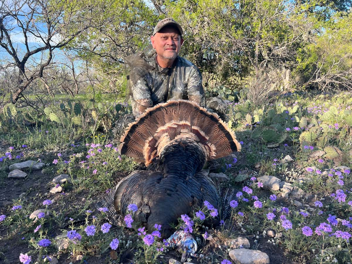 Hunter displaying a turkey among purple wildflowers