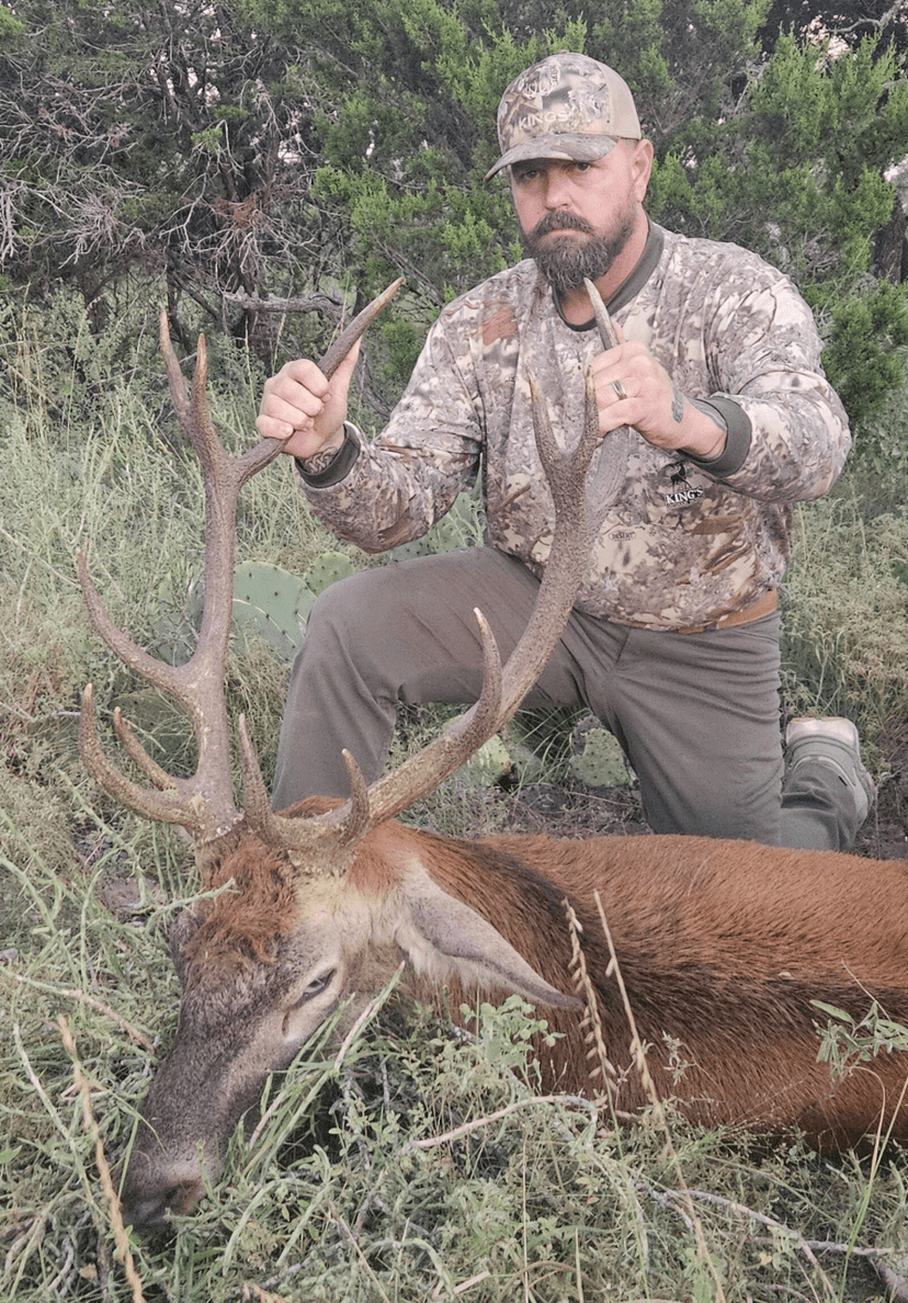 Hunter holding a red stag's antlers in tall grass