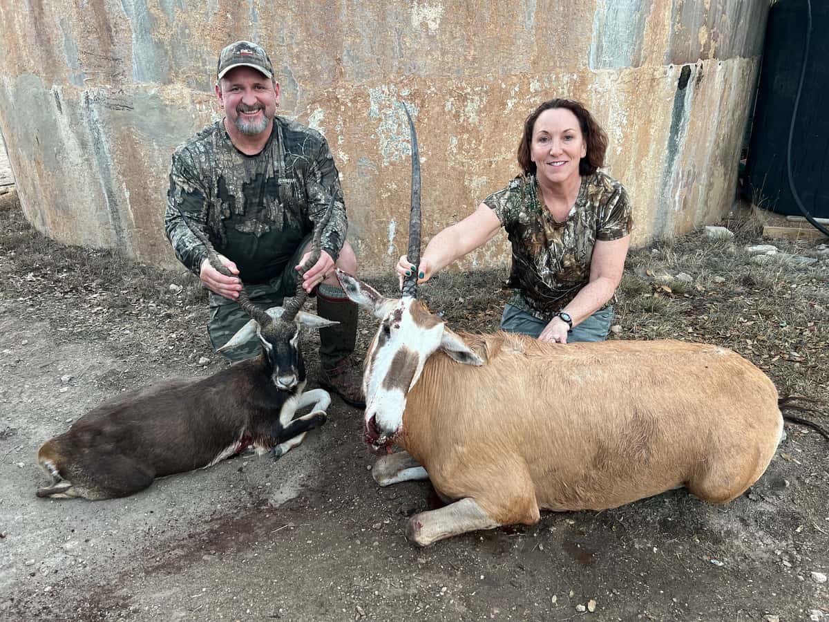 Two hunters with two harvested rams beside a round tank