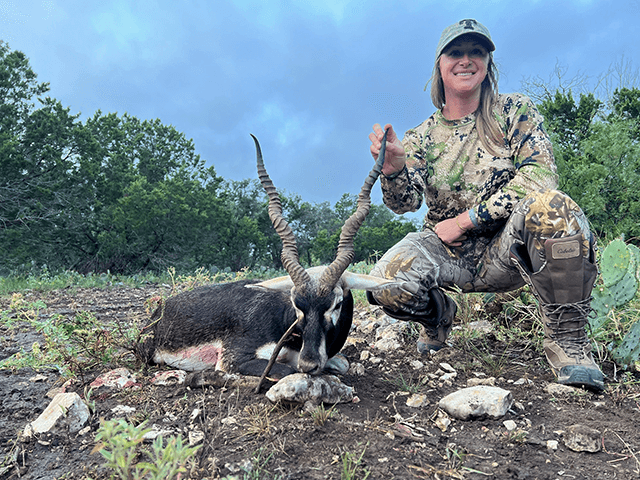 Hunter with an antlered deer on rocky ground