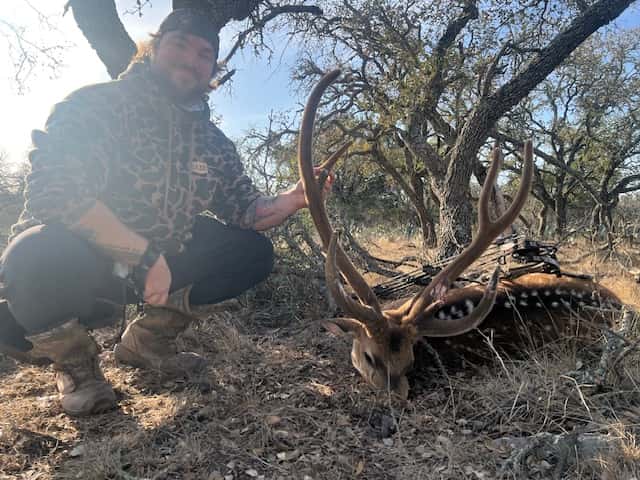 Hunter crouching with an Axis buck beneath a tree