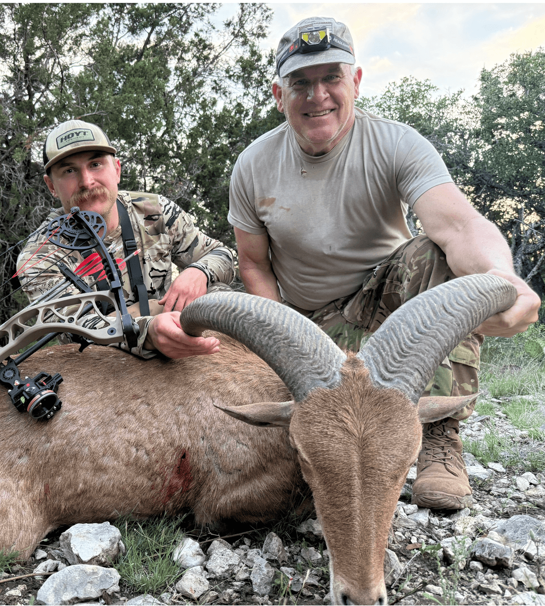 Two bow hunters with a harvested aoudad on rocky ground