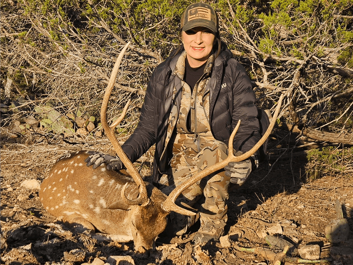 Hunter with an Axis buck beside sunlit brush